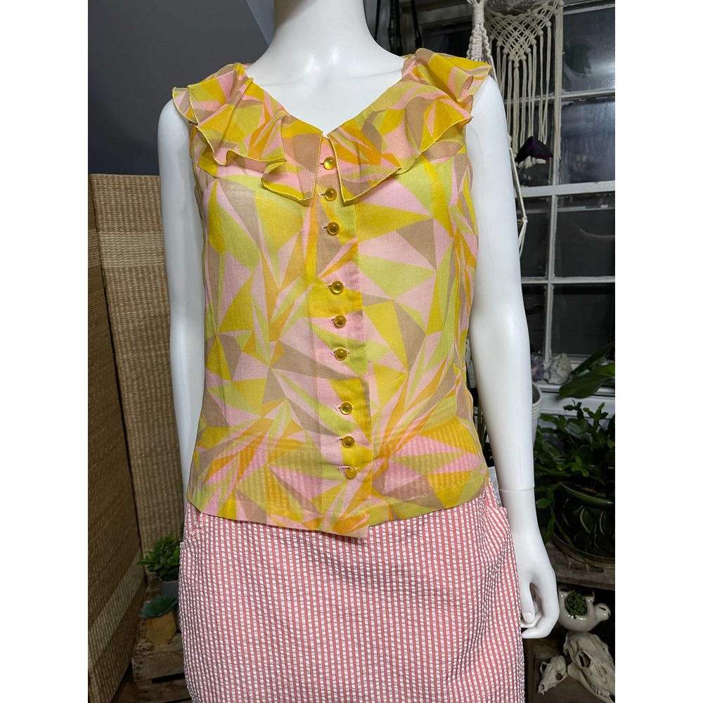 Vintage Abstract Sleeveless Ruffle Blouse